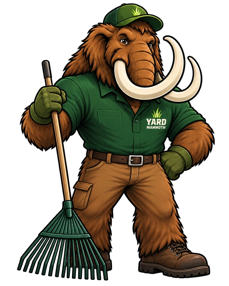 Yard Mammoth mascot holding a leaf rake